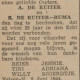 Aankondiging 25-jarig huwelijk ouders Reijer de Ruiter. Bron NH-dagblad 6 juni 1944.